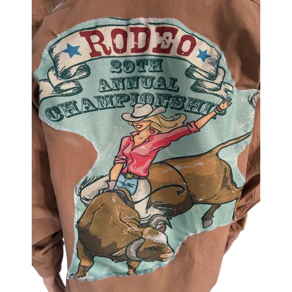 Upcycled Unisex Canvas Jacket Real Fur Collar Rodeo Graphic Western Boho Cowgirl - Picture 2 of 8